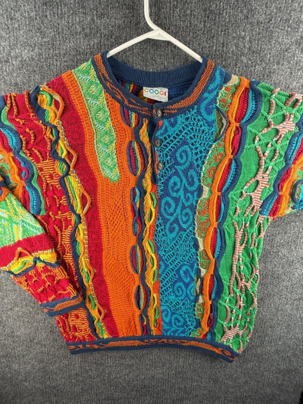 Coogi Australia Sweater Unisex Knit Henley Colorful Abstract Large Cotton 3D Art